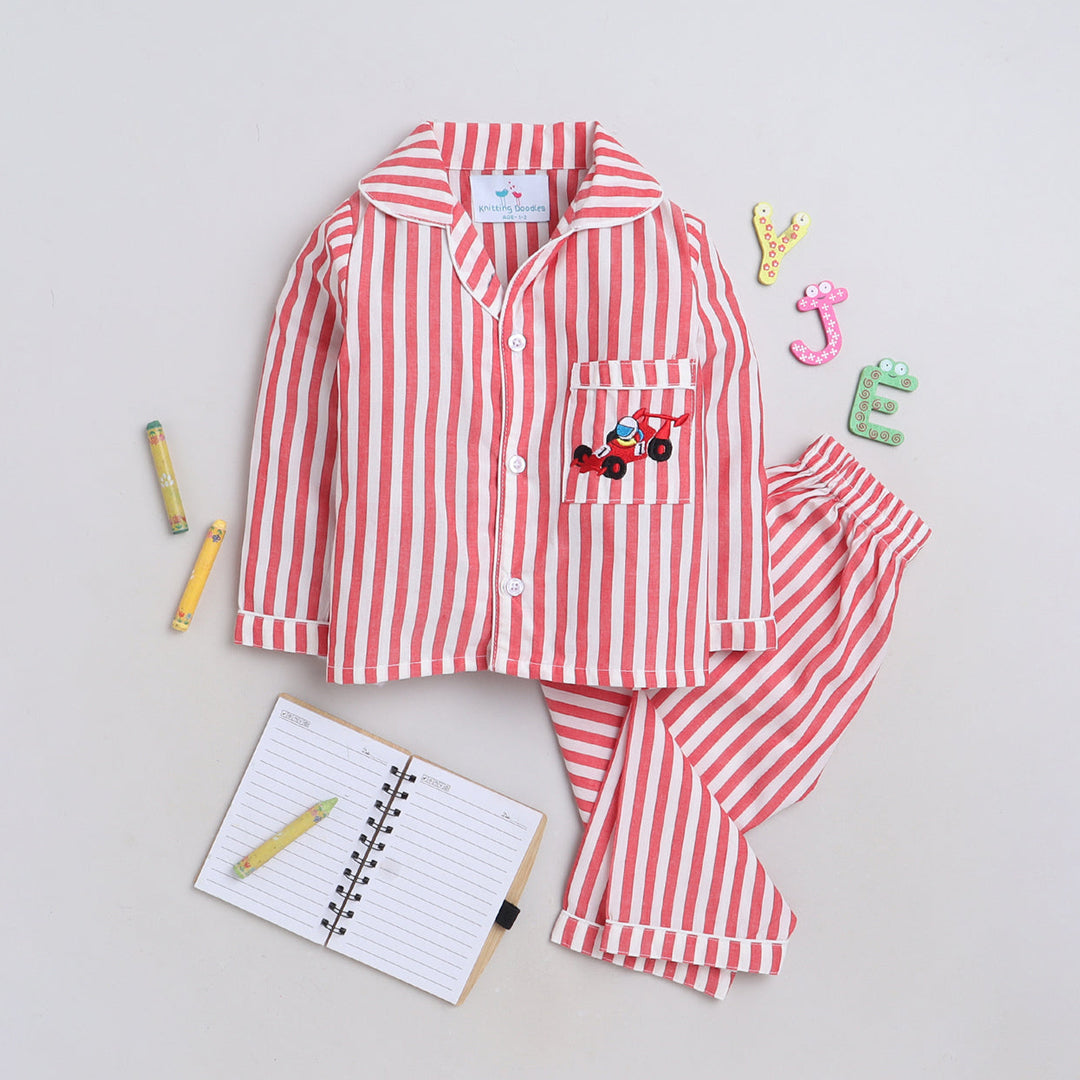 Unisex Premium Cotton Kids' Stripes Night Suit With Smart Racing Car Embroidery On Pocket- Red And White
