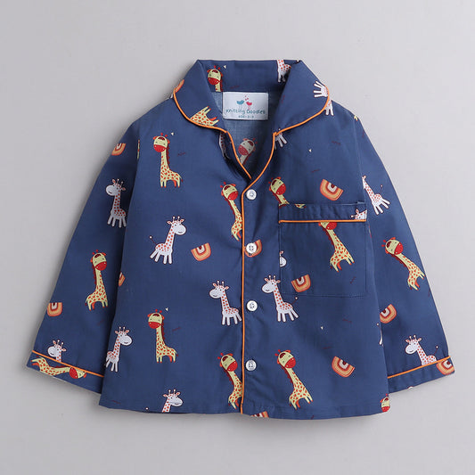 Unisex Pure Cotton Kid's Blue Giraffe Print Nightsuit- Blue
