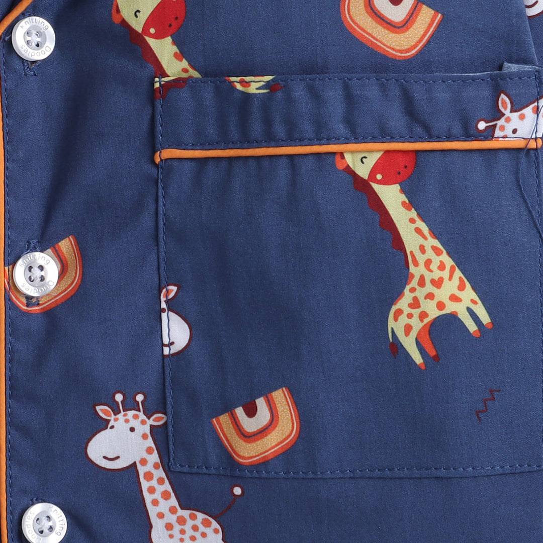 Unisex Pure Cotton Kid's Blue Giraffe Print Nightsuit- Blue