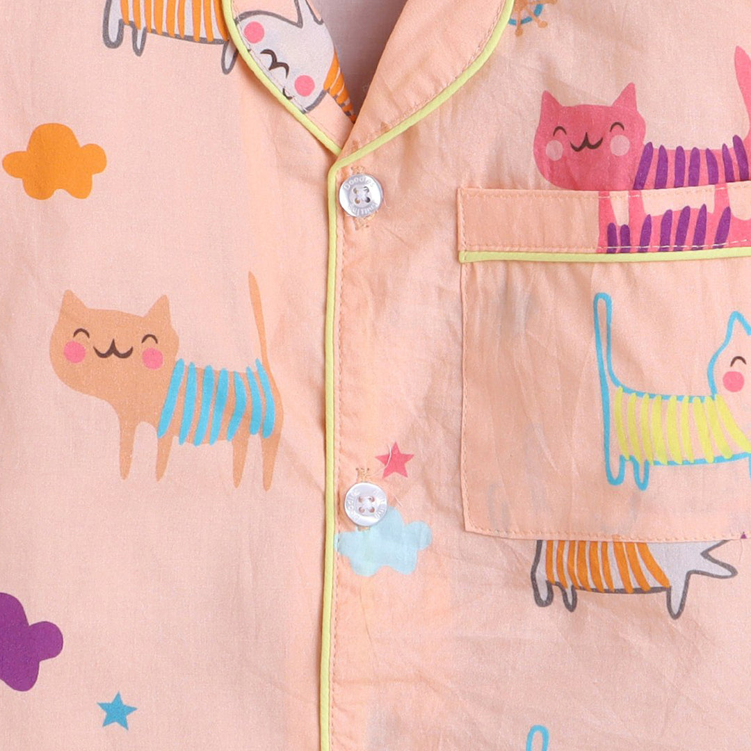 Unisex Pure Cotton Poplin Cute Cats Print Night Suit- Peach