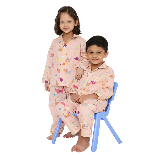 Unisex Pure Cotton Poplin Cute Cats Print Night Suit- Peach