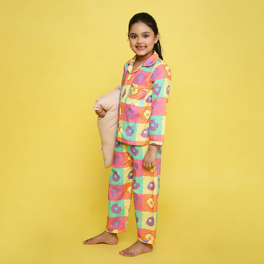 Pure Cotton Poplin Full Sleeves Donuts Blocks Printed Coordinating Night Suit - Multi Colour