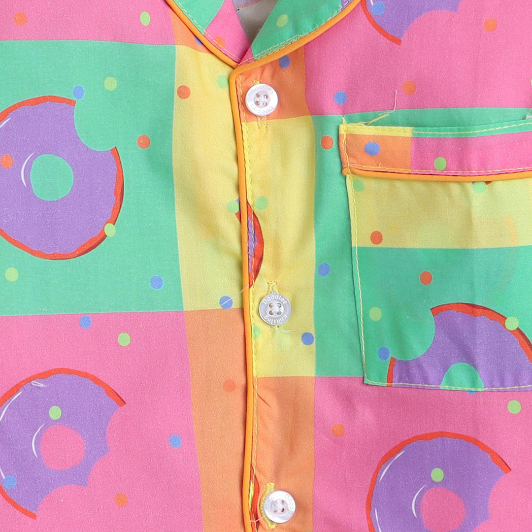 Pure Cotton Poplin Full Sleeves Donuts Blocks Printed Coordinating Night Suit - Multi Colour