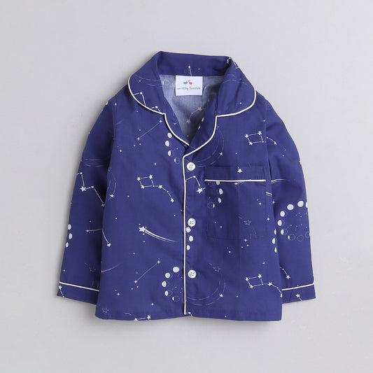 Unisex Pure Cotton Poplin Full Sleeves Space Theme Elements Printed Coordinating Night Suit - Dark Blue