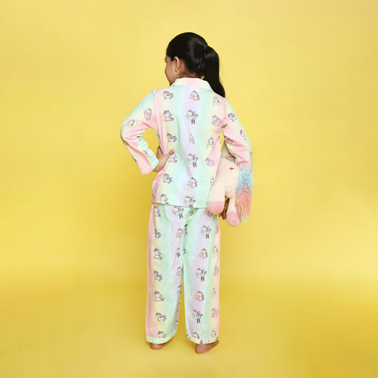 Pure Cotton Poplin Full Sleeves Tie Dye Unicorn Printed Coordinating Night Suit - Multi Colour