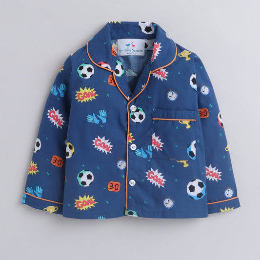 Unisex Pure Cotton Poplin Smart Football Print Night Suit- Dark Blue
