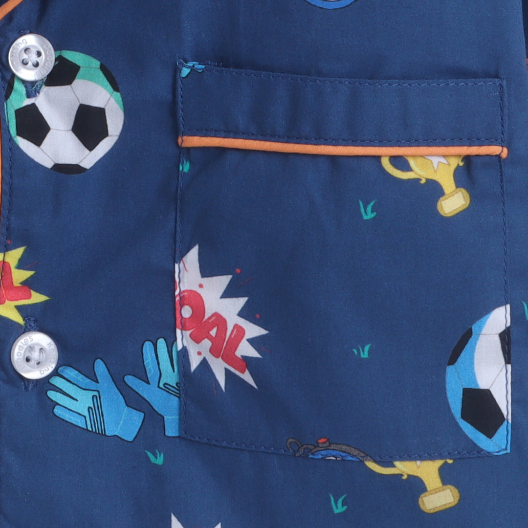 Unisex Pure Cotton Poplin Smart Football Print Night Suit- Dark Blue