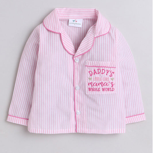 Pure Cotton Yarn Dyed Placement Text Embroidered & Pencil Striped Night Suit - White And Pink