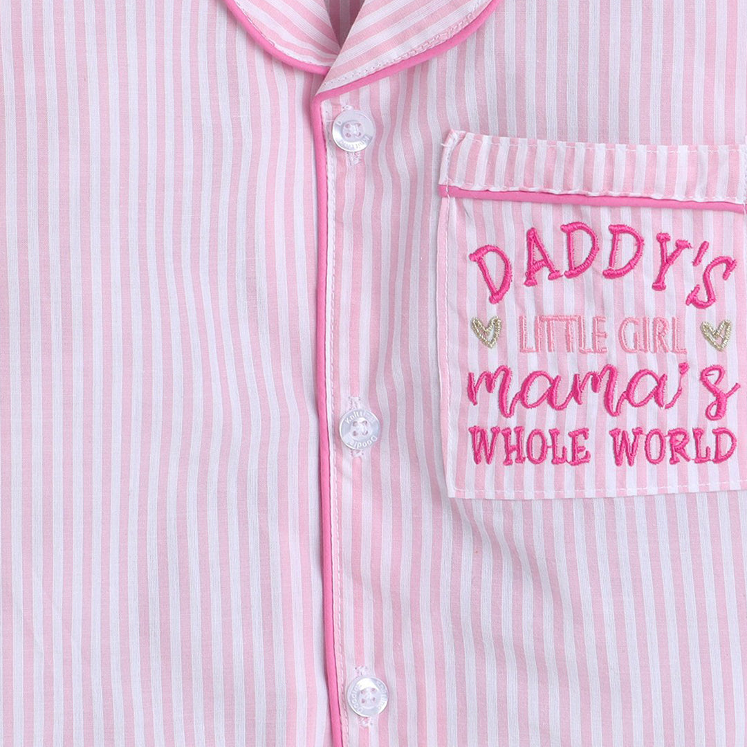 Pure Cotton Yarn Dyed Placement Text Embroidered & Pencil Striped Night Suit - White And Pink