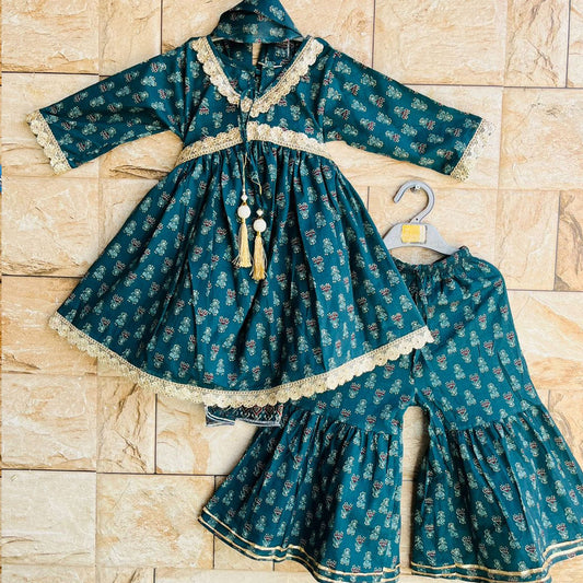 Teal Green Pure Cotton Sharara Set with Dupatta for Girls