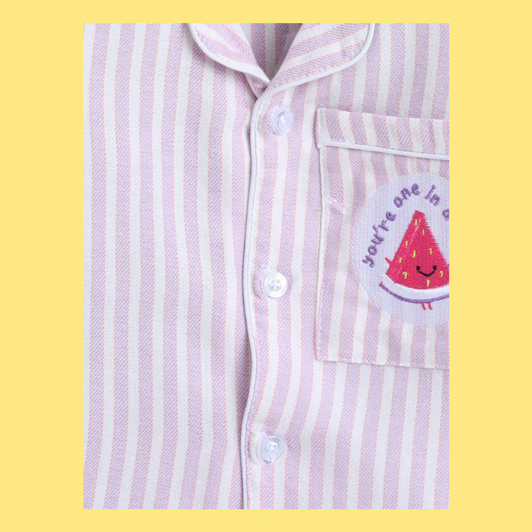 Unisex Night Suit With Watermelon Embroidery On Pocket - Pink & White