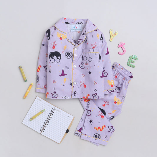 Unisex Premium Cotton Full Sleeves Potter Themed Printed Night Suit - Purple