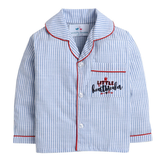 Unisex Stripes Night Suit With Cute Little Heartbreaker Embroidery On Pocket - Light Blue