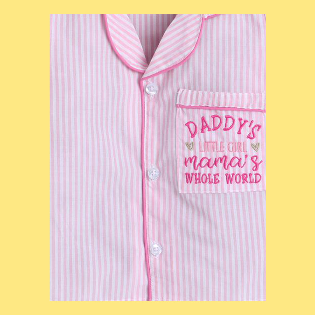 Unisex Stripes Night Suit With Daddy's Little Girl Embroidery On Pocket - Pink