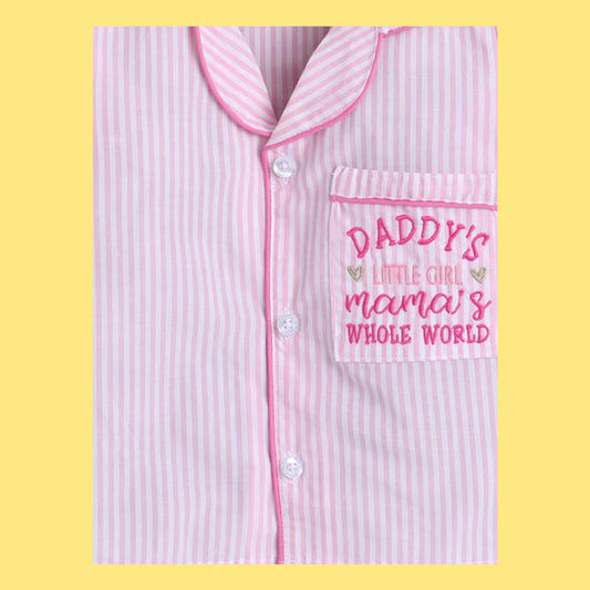 Unisex Stripes Night Suit With Daddy's Little Girl Embroidery On Pocket - Pink