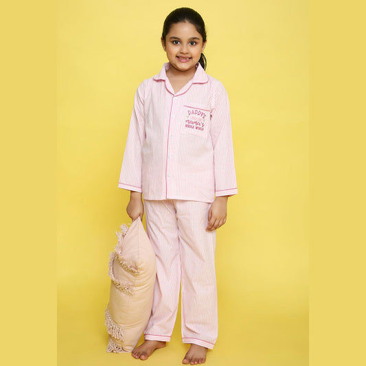 Unisex Stripes Night Suit With Daddy's Little Girl Embroidery On Pocket - Pink