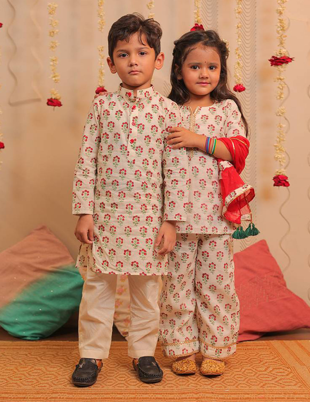 White And Cherry Red Block Printed Full Length Kurta With Dupatta