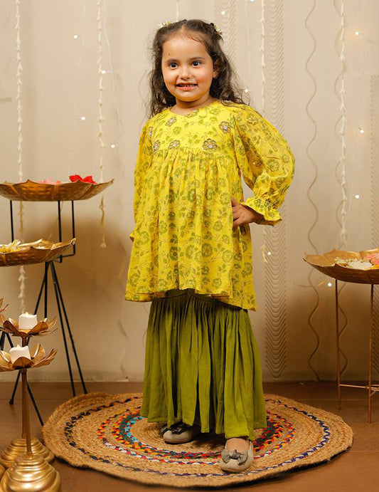 Yellow And Green Block Printed Kurta With Sharara Set