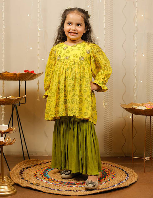 Yellow And Green Block Printed Kurta With Sharara Set