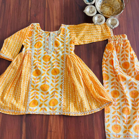 Yellow and Orange Front Panel Cotton Kurta with Pants for Girls