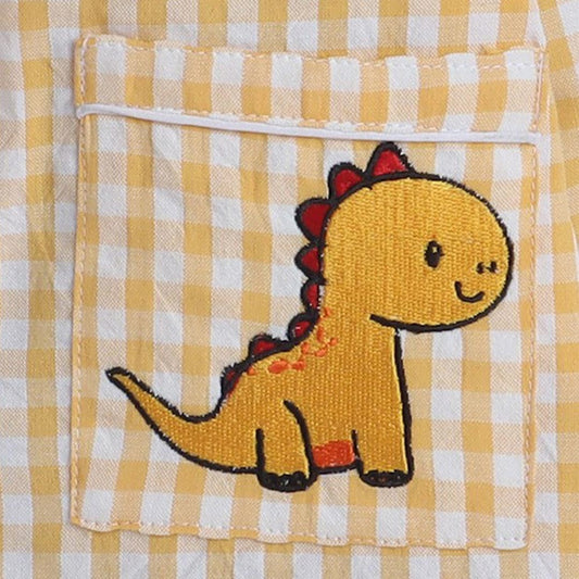 Unisex Night Suit With Yellow Dragon Embroidery On Pocket - Yellow & White