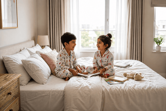  Kids wearing soft cotton unisex night suits with printed designs