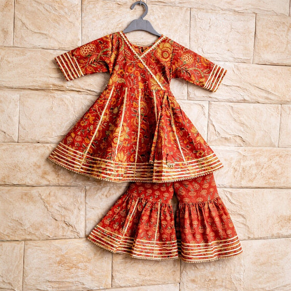 Maroon Floral Cotton Sharara Set with Gota Detailing for Girls