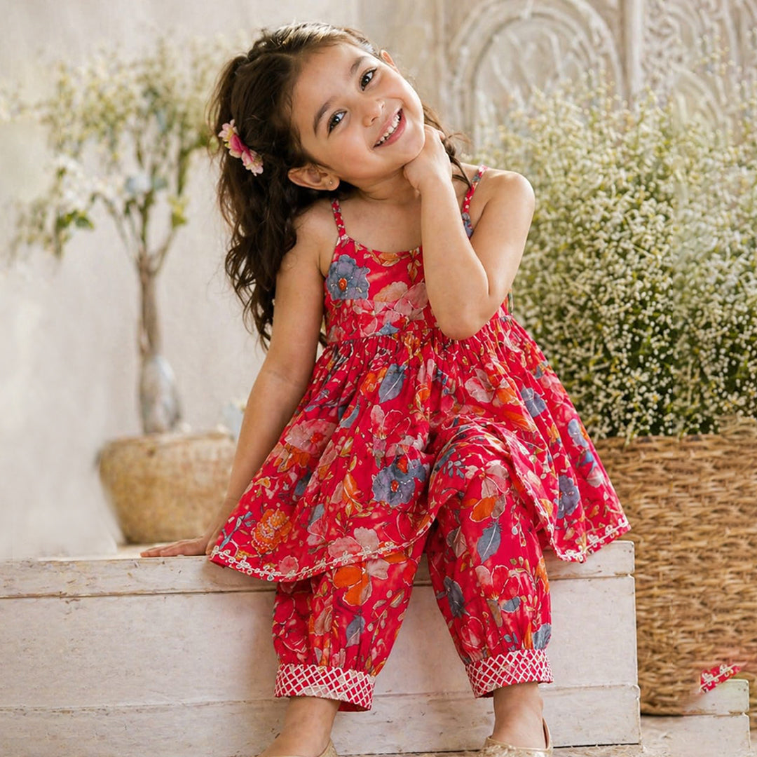 Floral Printed Muslin Kurta with Afghani Pants for Girls