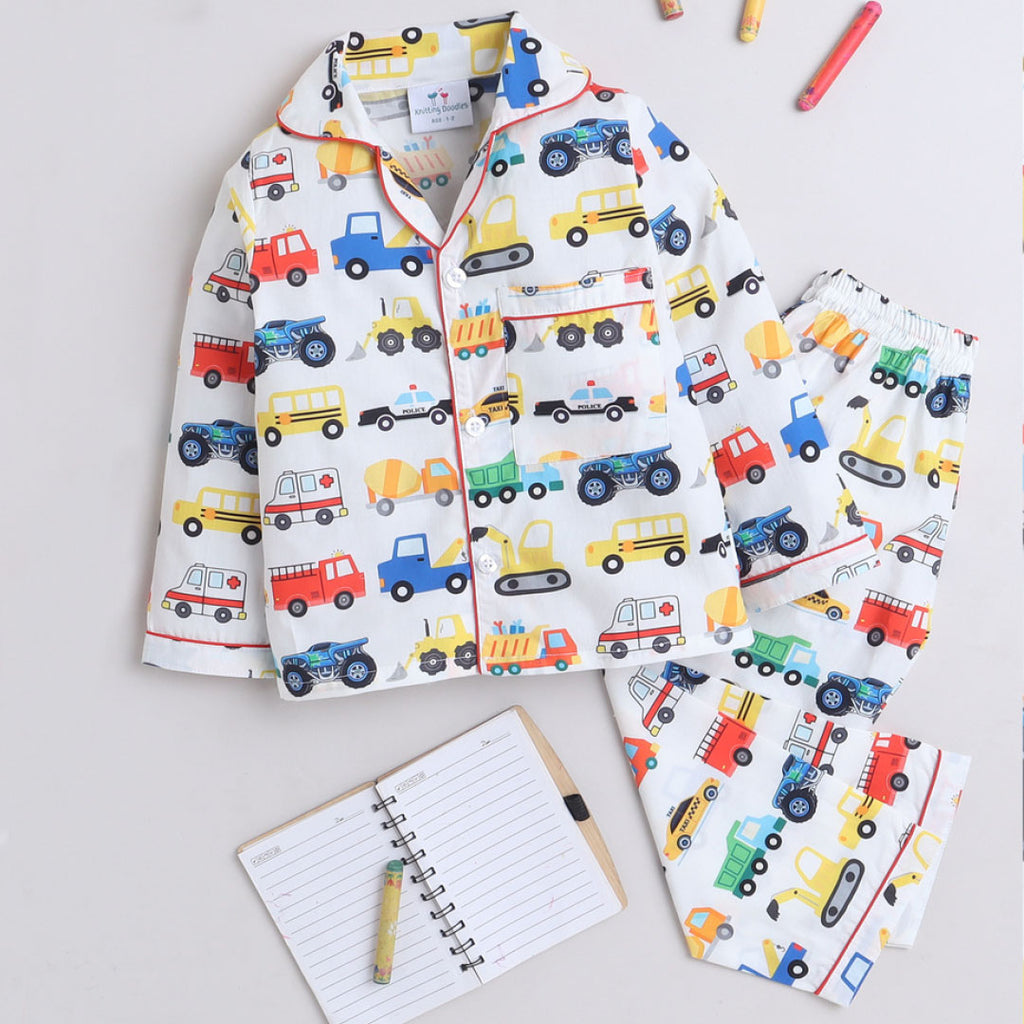 White Multiple Cars Theme Full sleeve Night Suit