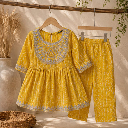 Yellow Bandhini Print Cotton Kurta Set for Girls