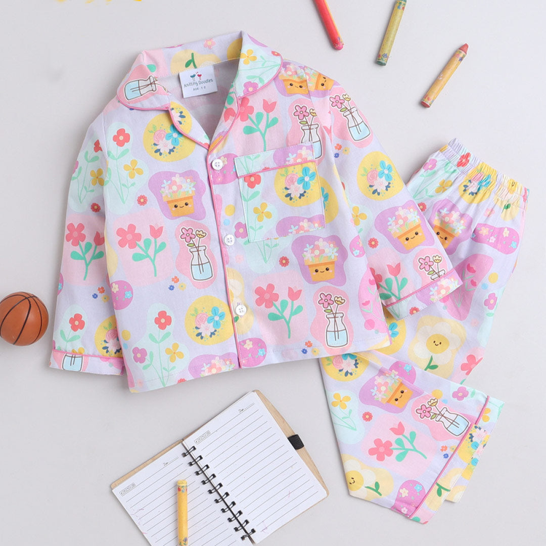 Pink & Blue Flowers Theme Full sleeve Night Suit