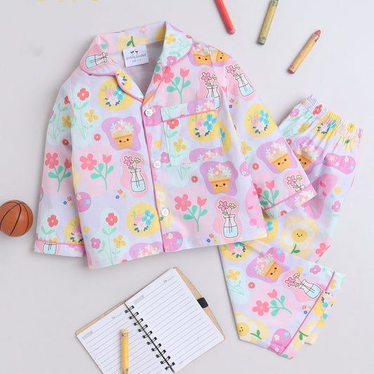 Pink & Blue Flowers Theme Full sleeve Night Suit