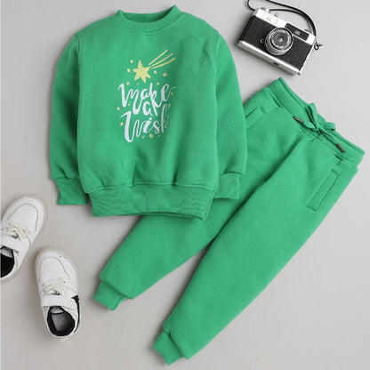 Unisex Full Sleeves Make a Wish Printed Warm Fleece Jacket & Joggers - Green