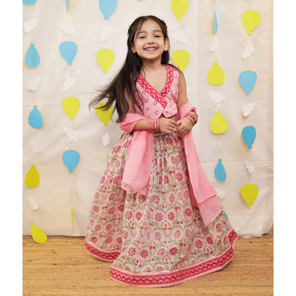 Pink Mulmul Cotton Lehenga Set with Dupatta for Girls