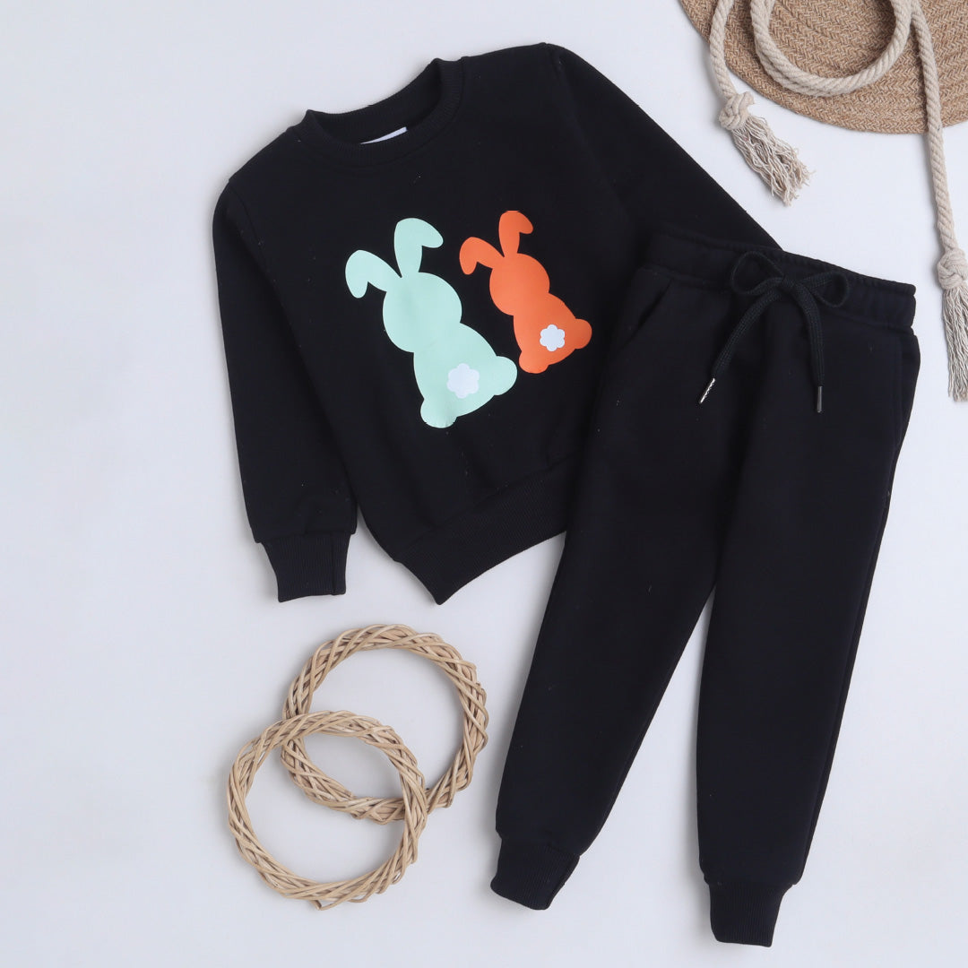 Unisex Full Sleeves Bunny Printed Warm Fleece Sweatshirt & Joggers - Black