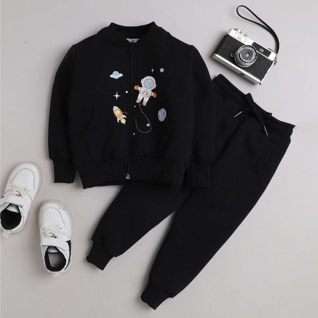 Unisex Full Sleeves Space Printed Warm Fleece Jacket & Joggers - Black