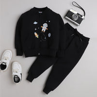 Unisex Full Sleeves Space Printed Warm Fleece Jacket & Joggers - Black