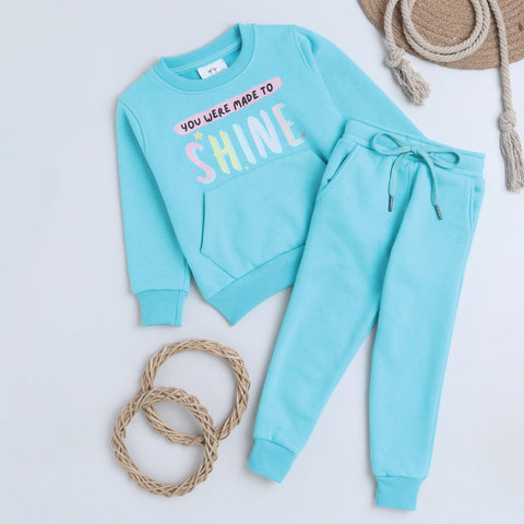 Unisex Full Sleeves Shine Printed Warm Fleece Sweatshirt & Joggers - Ocean Blue