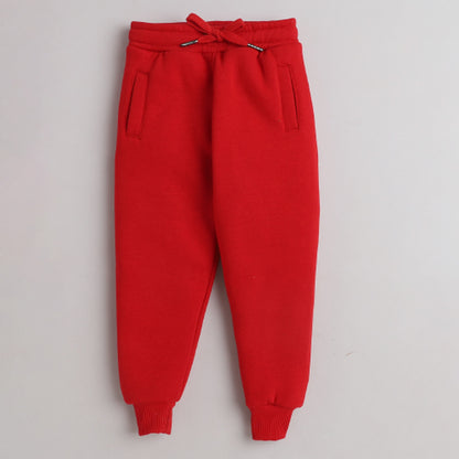 Unisex Full Sleeves Hooray Printed Warm Fleece Jacket & Joggers - Red