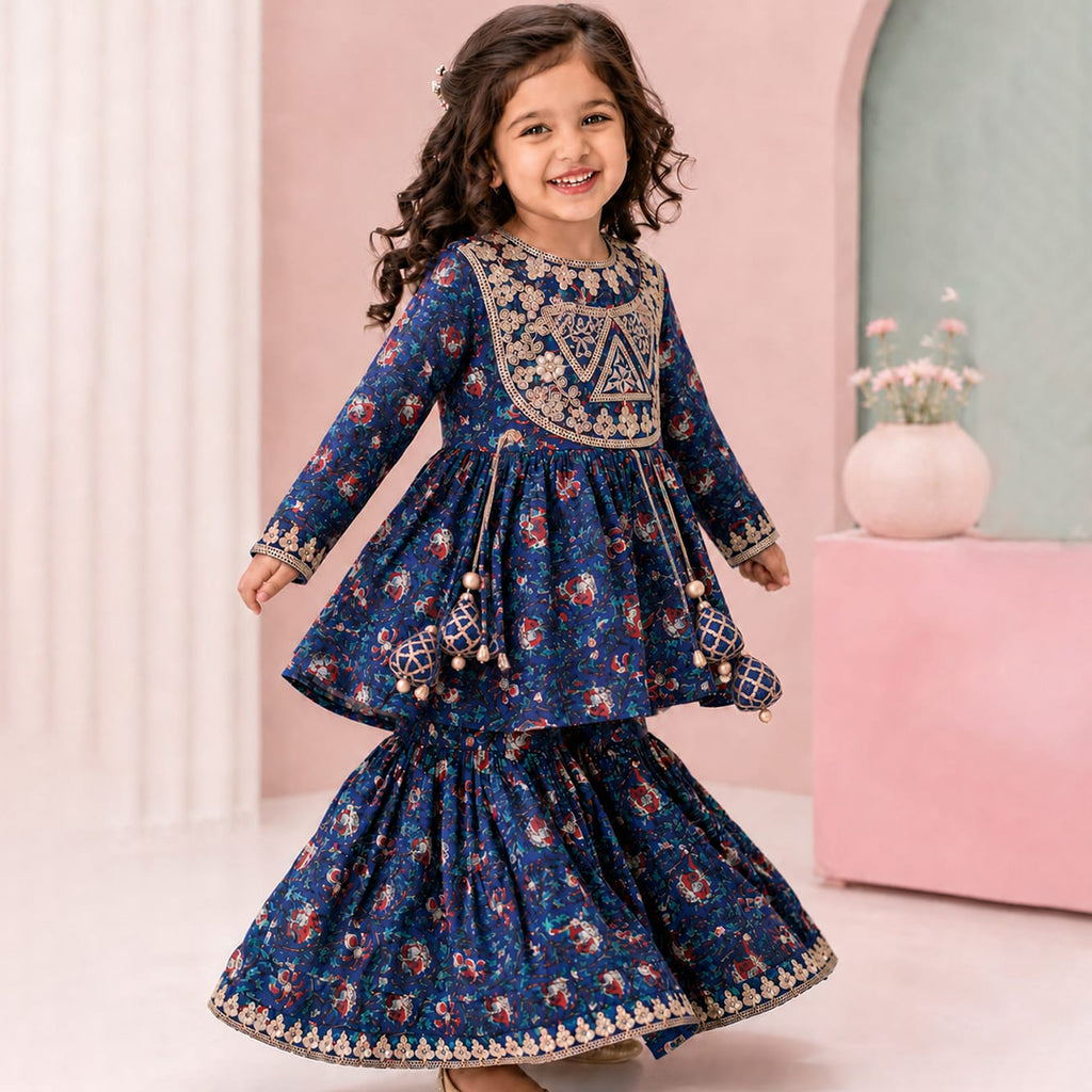 Sanganeri Print Cotton Kurta Sharara Set for Girls