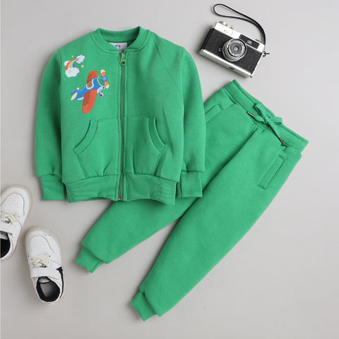 Unisex Full Sleeves Plane Printed Warm Fleece Jacket & Joggers - Green