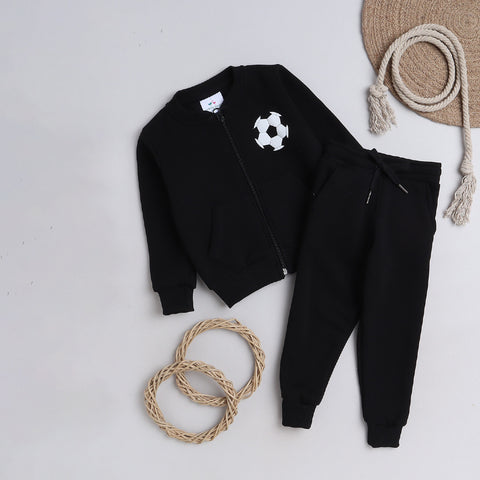 Unisex Full Sleeves Football Printed Warm Fleece Jacket & Joggers - Black