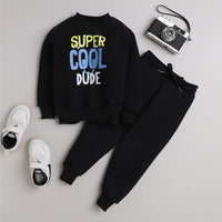 Unisex Full Sleeves Super Cool Dude Printed Warm Fleece Jacket & Joggers - Black