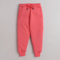 Girls Full Sleeves Flowers Printed Warm Fleece Jacket & Joggers - Rosy Pink