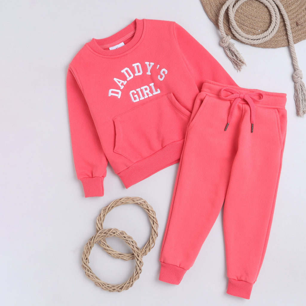 Girls Full Sleeves Daddy's Girl Printed Warm Fleece Jacket & Joggers - Rosy Pink