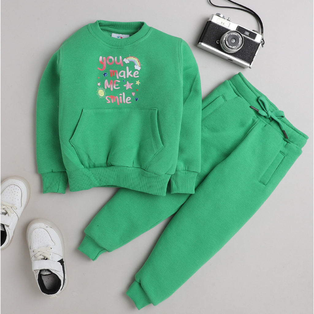 Unisex Full Sleeves Printed Warm Fleece Jacket & Joggers - Green