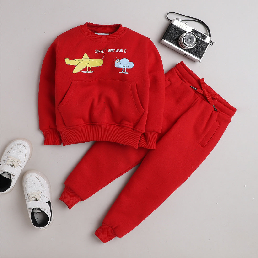 Unisex Full Sleeves Funny Plane Printed Warm Fleece Jacket & Joggers - Red