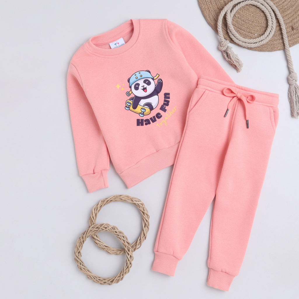 Unisex Full Sleeves Panda Printed Warm Fleece Jacket & Joggers - Baby Pink