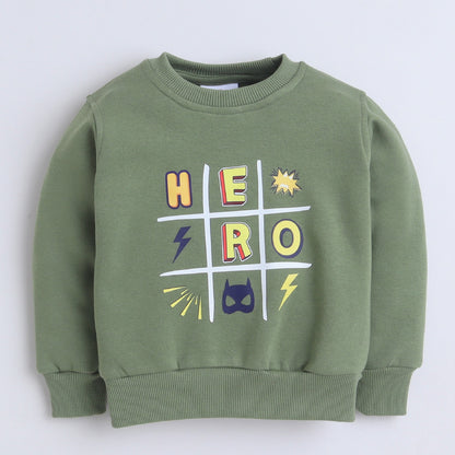 Unisex Full Sleeves Hero Printed Warm Fleece Sweatshirt & Joggers - Sage