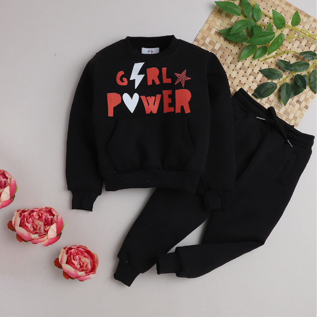 Girls Full Sleeves Girls Power Printed Warm Fleece Jacket & Joggers - Black